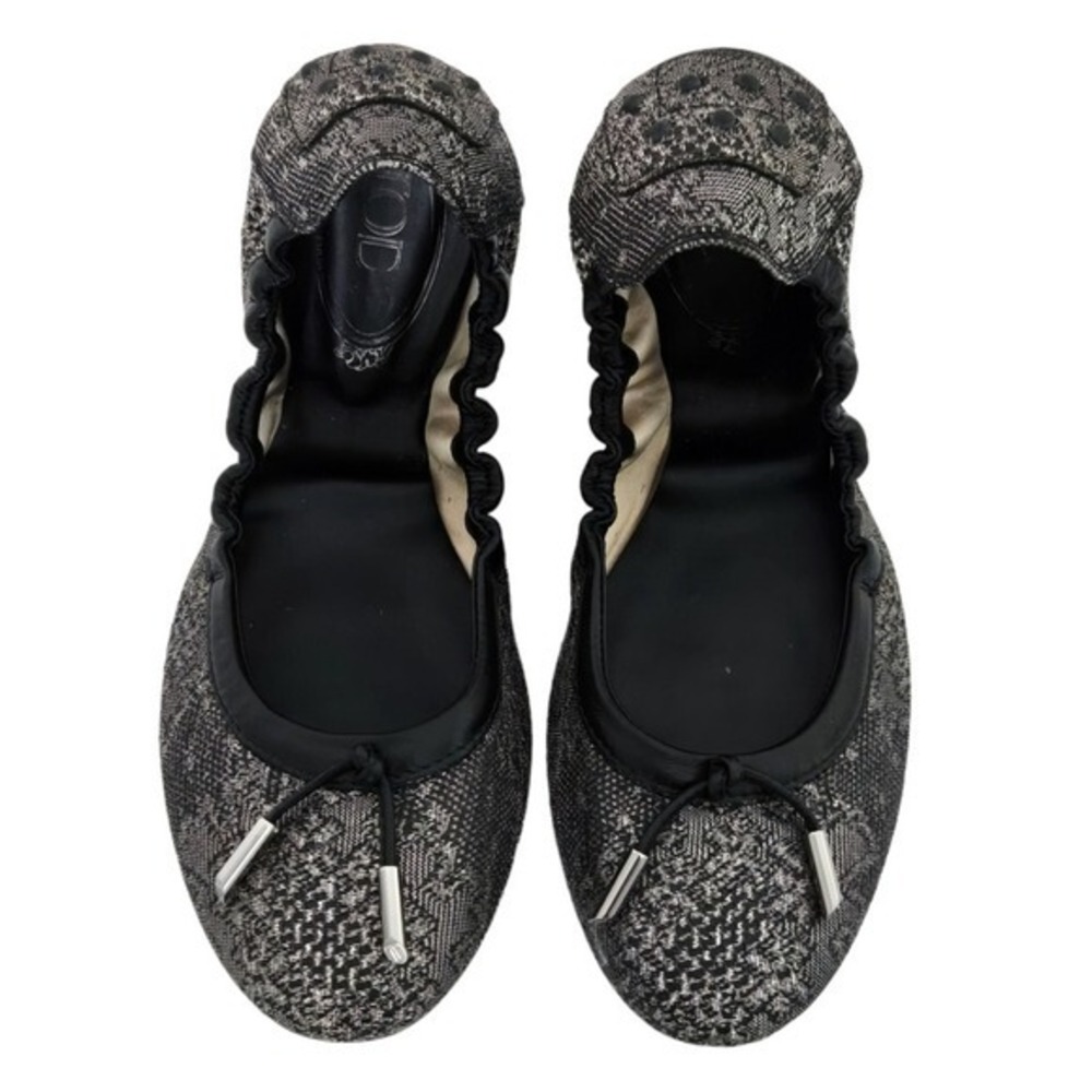 Tod's‎ Metallic Silver Gray Jacquard & Black Leather Ballet Flats- EU 39, US 9